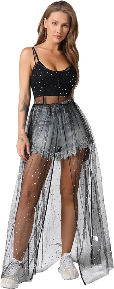 Women's Glitter Sequin Sheer Mesh Dress Maxi Long Split Fishnet Beach Swimsuit See Through Cover Ups Cocktail Clubwear