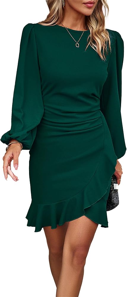 Women's Ruched Mini Dress Ruffle Hem Crew Neck Long Sleeve Bodycon Dresses Casual Flowy Boho Wedding Guest Dress