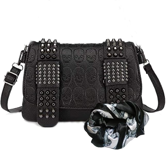 Women Skull Print Gothic Crossbodybag - Vintage Punk Black Bag with Scarf