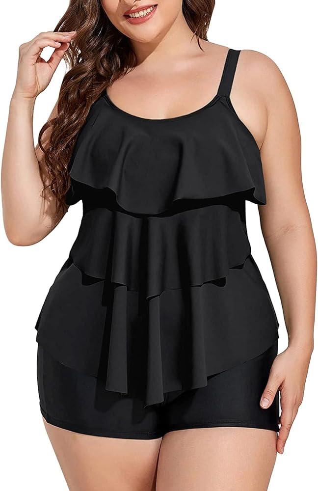 Yonique Women's Plus Size Tankini Swimsuits with Shorts Two Piece Bathing Suits Ruffle Swimsuits Tummy Control Swimwear