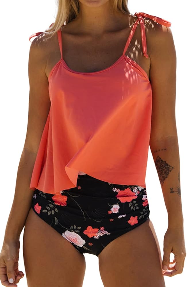 Beachsissi Women's Tie Shoulder Swimsuits Floral Print Ruched Tankini Set