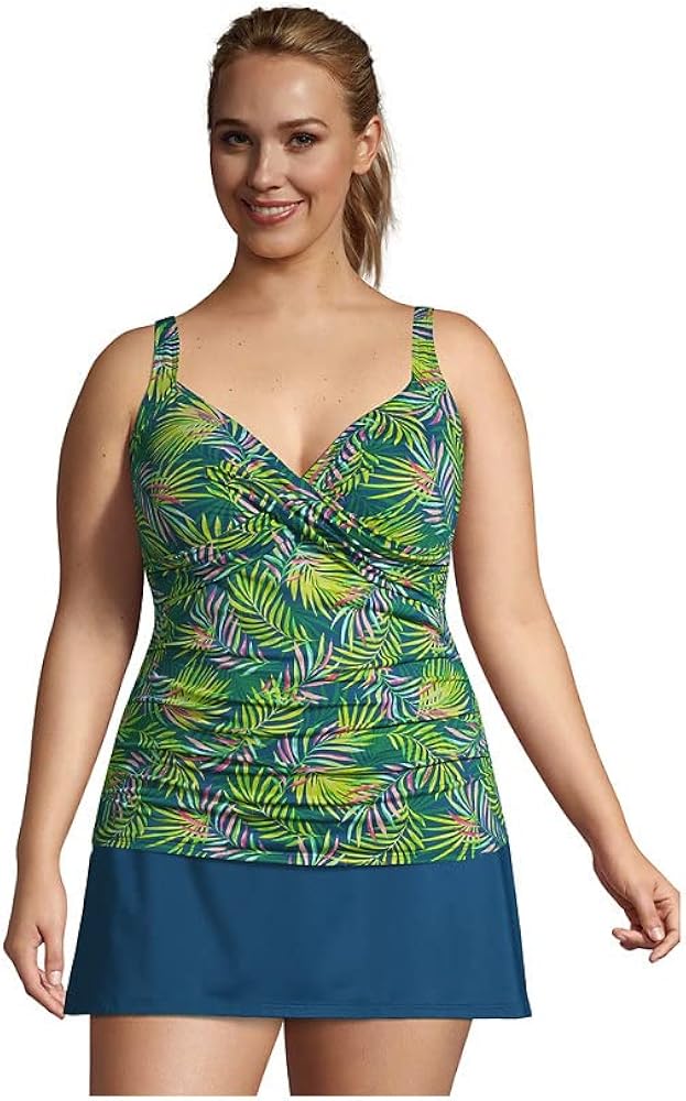 Lands' End Womens Chlorine Resistant Underwire Wrap Tankini Top Baltic Teal Multi Palm DDD-Cup Plus 20w