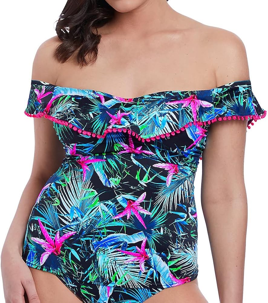 Freya Womens Jungle Flower Underwire Padded Bardot Tankini Top, 30DD