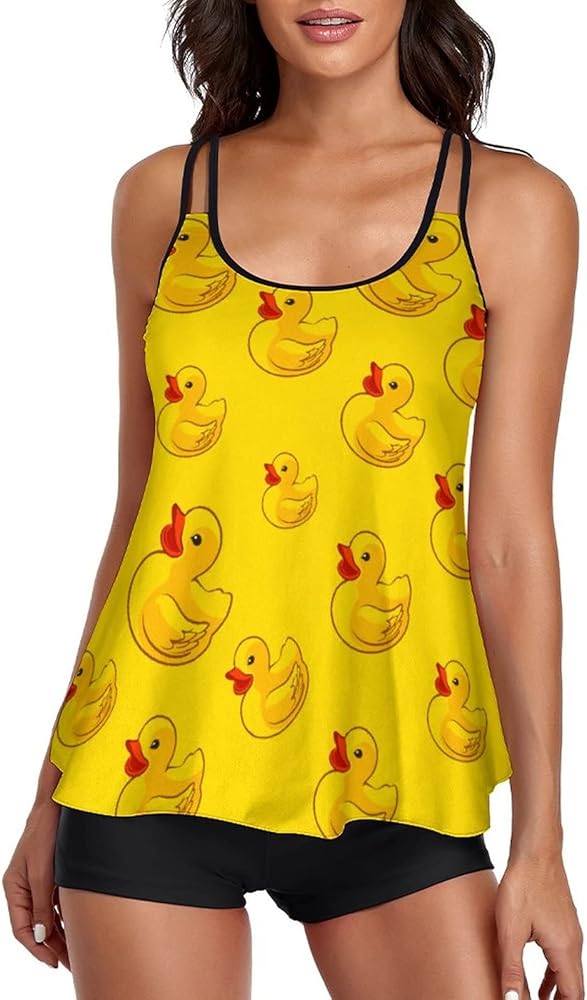 Yellow Duck Women Two Piece Tankini Swimwear Swimsuits Bathing Suits Set with Strappy Top and Shorts