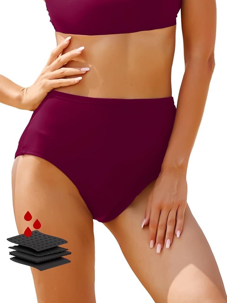 Period Swimwear-Menstrual Swimsuit Bikini Bottoms-High Waisted Leakproof Swim Bottoms for Teens Girls and Women.