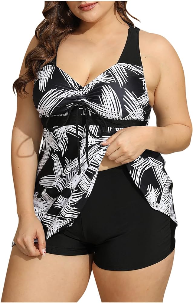 Women Two Pieces Swim Suit Plus Size 2024 Floral Print Swim Dress Bathing Suit Holiday Beach Plus Size Tankini Swimsuit