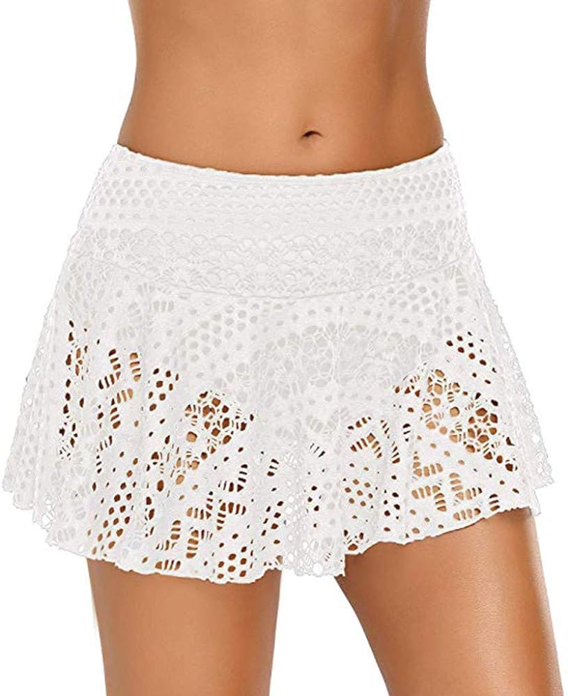 NaRHbrg Crochet Lace Skirted for Women's Hollow Out Tankini Bottom Swimsuit Board Shorts Skirt Solid Swim Skort Swimdress