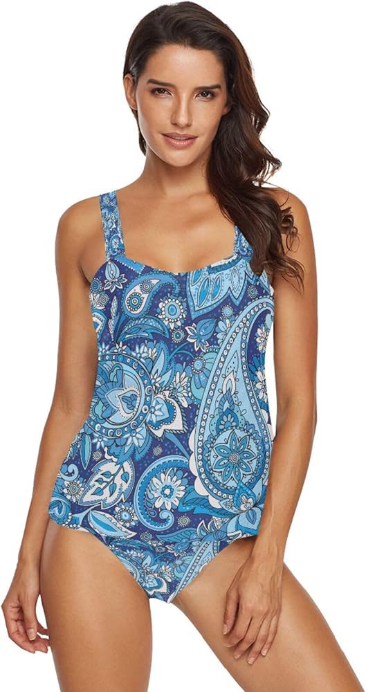 Paisley 2 Piece Women Tankini Swimsuit Tummy Control Sport Bathing Suit with Bikini Bottom