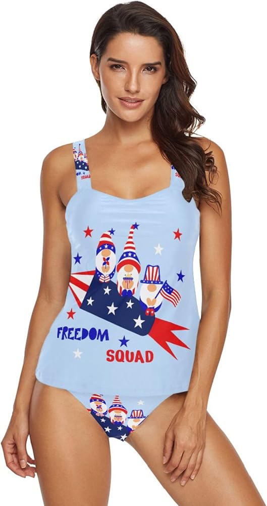 American Flag Gnome 2 Piece Women Tankini Swimsuit Tummy Control Sport Bathing Suit with Bikini Bottom