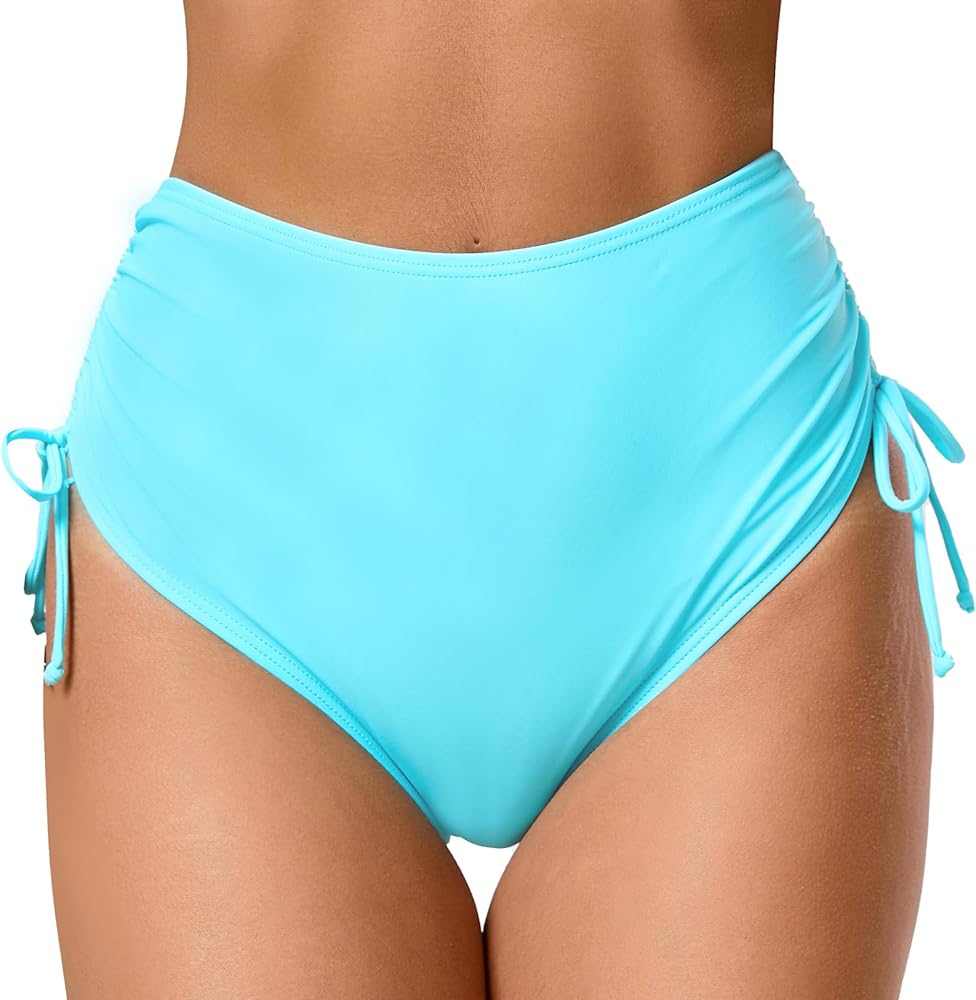 Women's High Waisted Side Drawstring Adjustable Bikini Swimwear Bottoms Quick Dry Cheeky Swim Briefs