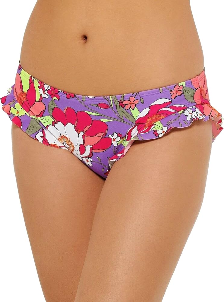 Women Swimwear Medium Ruffle Floral Hipster Bottom Purple M