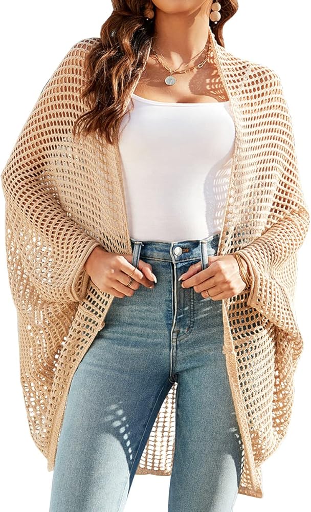 Hollow Out Cover Up fo Women Long Sleeve Open Front Loose Crochet Beach Bathing Suit Cardigan Cover Ups