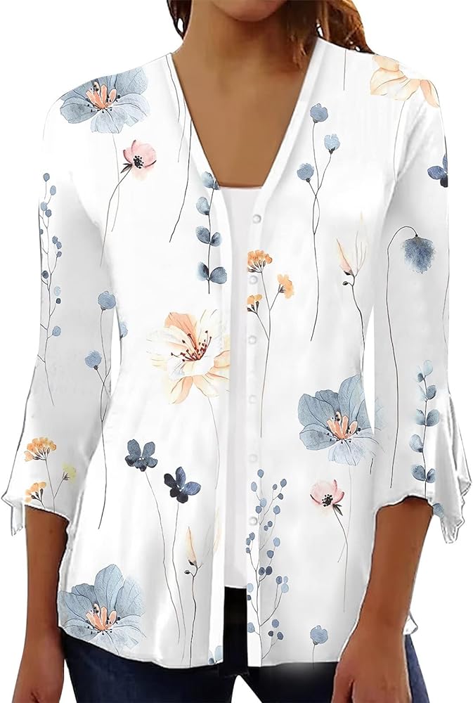 Women's Floral Print Bell 3/4 Sleeve Cardigan Lightweight Open Front Button Down Cover Up Casual Blouse Tops