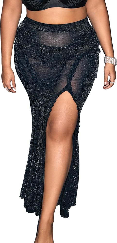 OYOANGLE Women's Plus Size Glitter Mesh Sheer Beach Skirts Ruffle Trim Swimsuit Cover Ups Swimwear