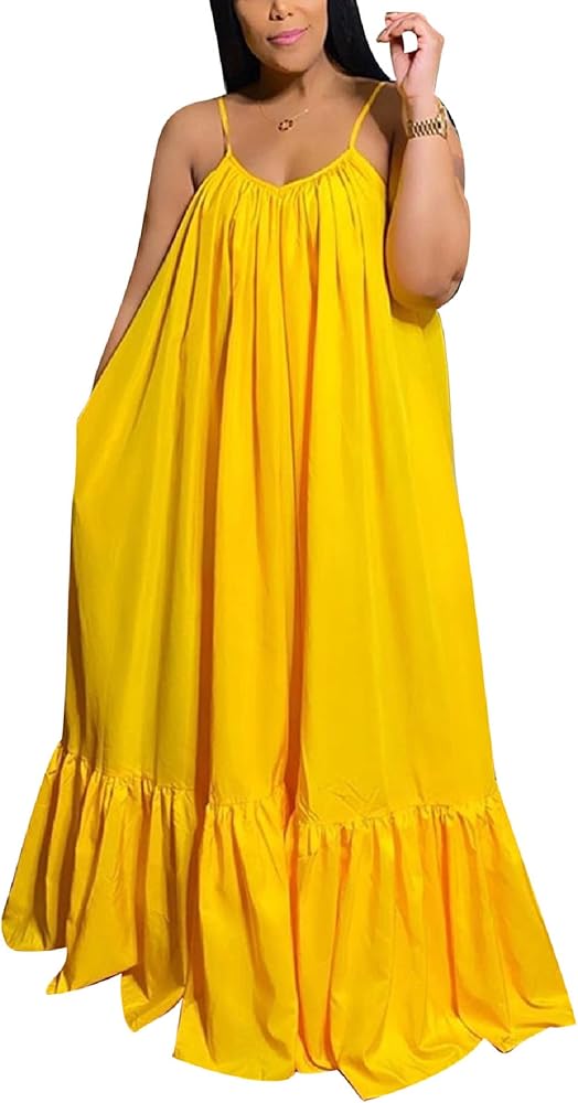 Adogirl Women's Sexy Spaghetti Strap Sleeveless Ruched Ruffle Hem Bandage Oversized Beach Loose Long Maxi Swing Dress