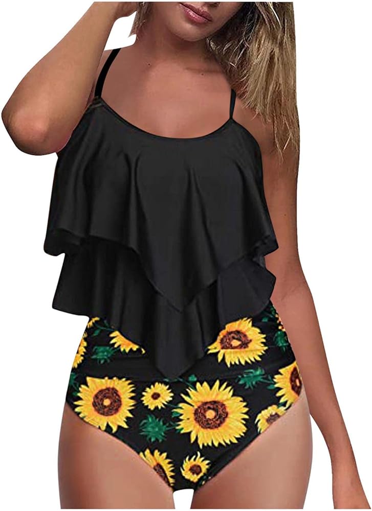 Tankini Bathing Suits for Women,2023 Summer Sling Flowy Ruched Flounce Two Piece Swimsuit High Waist Bikini Bottoms