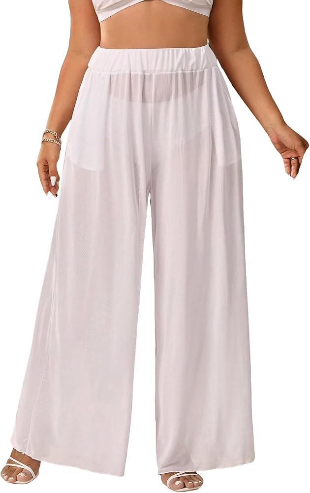 Floerns Women's Plus Size Sheer Mesh Elastic Waist Wide Leg Beach Cover Up Pants White 0XL