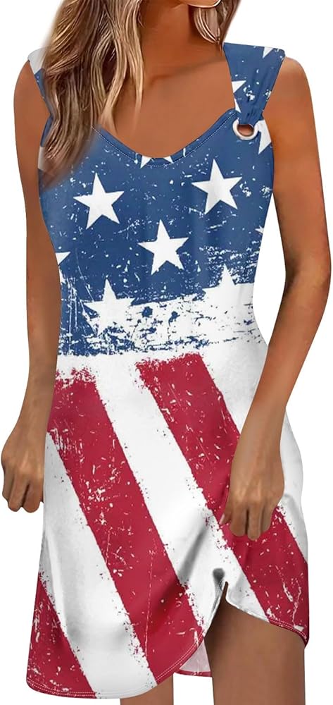 Women Independence Day Midi Dress Summer Casual V Neck Sleeveless Dresses for Women 2024 Printed Flag Dress