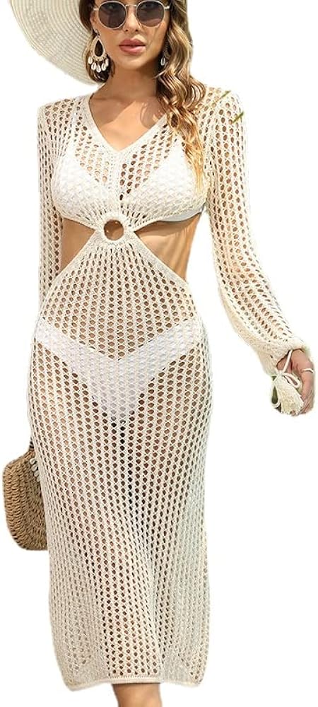 Crochet Cover Ups for Swimwear Women Sexy Long Sleeve Backless Hollow Out Dress Bathing Suit Cover Ups for Women