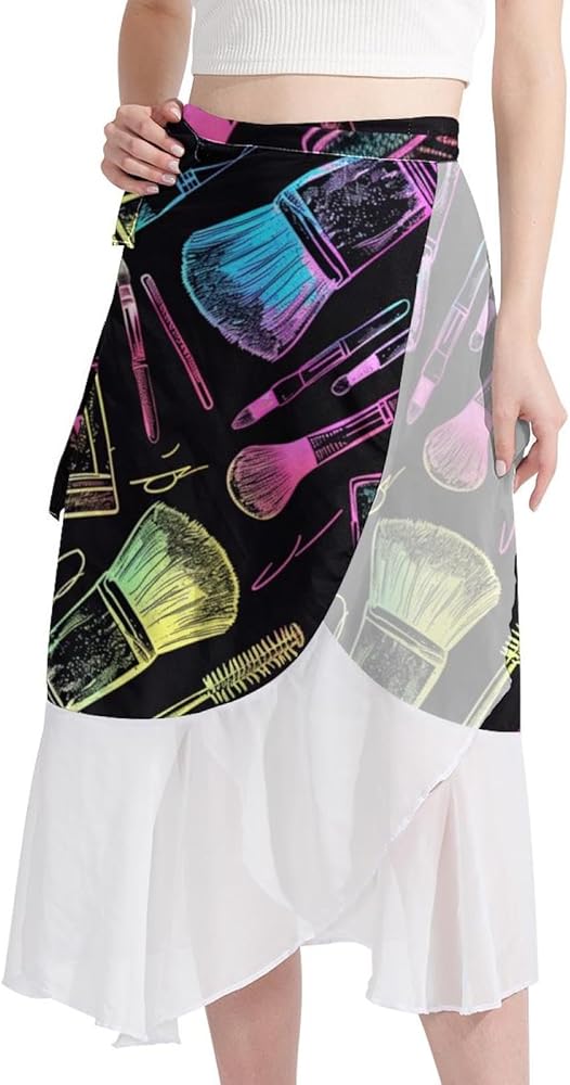 Beach Skirt, Womens Beach Cover Up Sarong, Chiffon Cover Ups for Swimwear, Doodle Art Cartoon Cosmetic Bag Pattern Multicolor