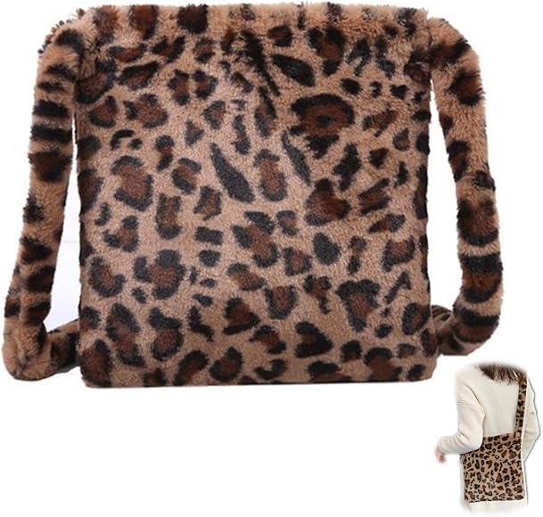 Bolso Bandolera de Moda con Estampado de Leopardo Bolso de Mullido para Mujer Bolso Bandolera de Felpa Bolso Bandolera de Leopardo Para Mujer y Niña Otoño e Invierno 1 Pieza