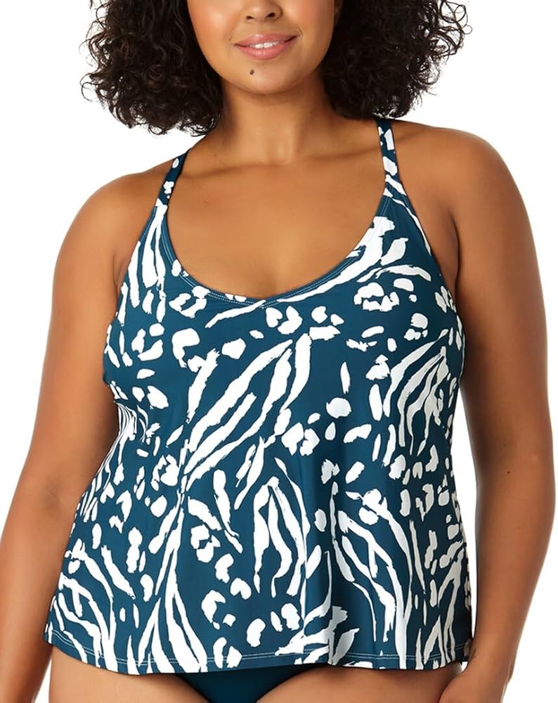 Anne Cole Womens Plus Animal Print Criss-Cross Tankini Swim Top Blue 22W