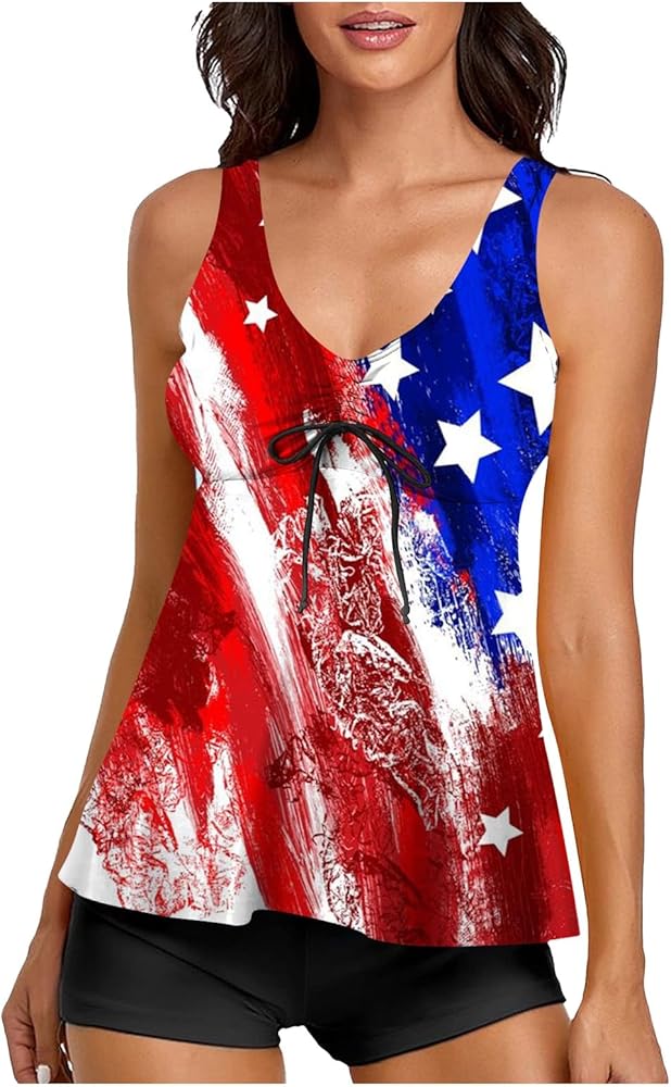 Women's Independence Day Plus Size Tankini Athletic Swimwear Patriotic Flowy Swim Dress with Shorts Swimwear