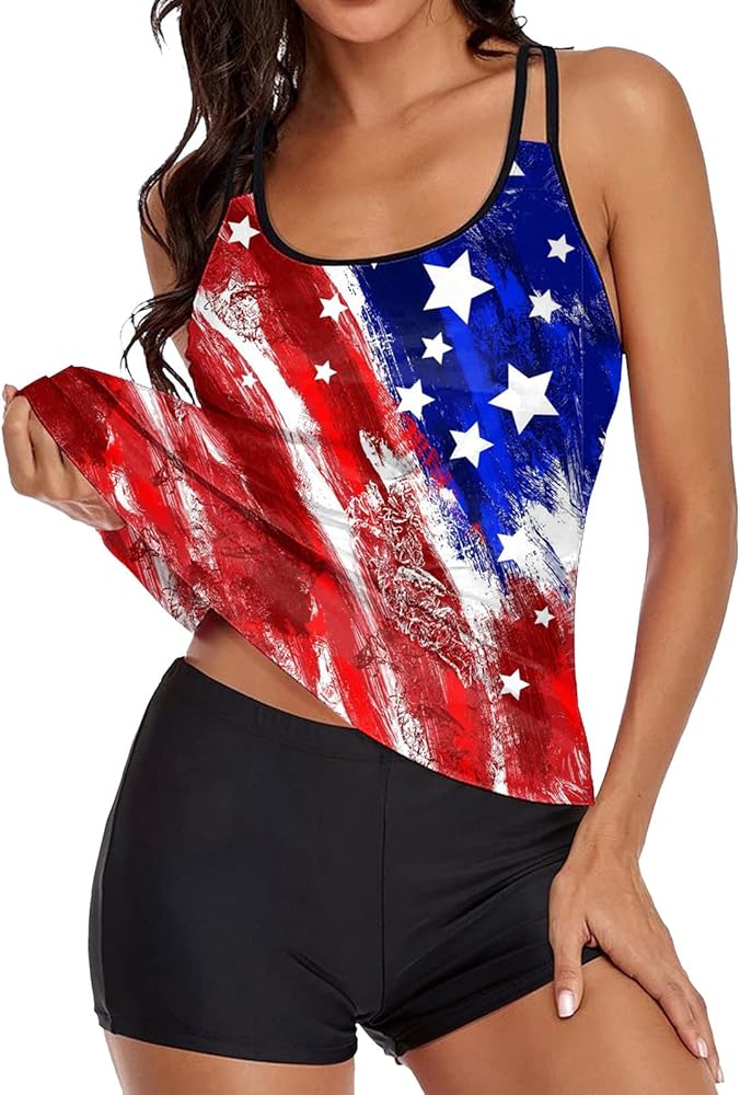 Women Independence Day Plus Size Two Piece Tankini Bathing Suit with Boyshorts American Flag Print Tank Top Swimsuits Red Blue White Stars Stripes Print Women Tankini Swimsuits 2 Piece