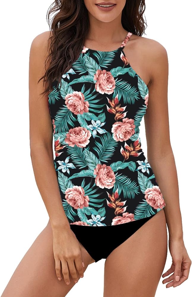 Two Piece Swim Suit High Neck Tankini Top with Bottom Floral Printed