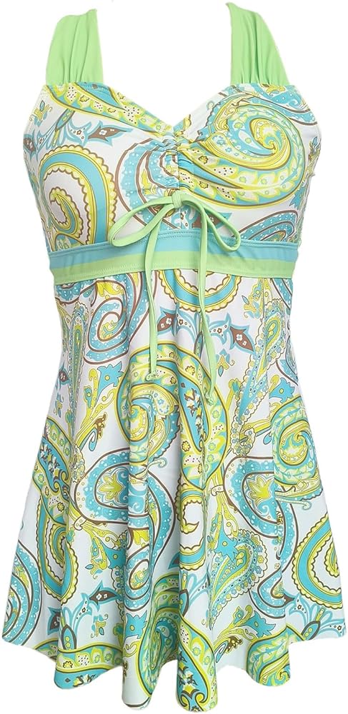 Lu's Chic Women's 2 Piece Tankini Swim Dress Skirted Bathing Suit Modest Ruched Padded Criss Cross Back Swimdress