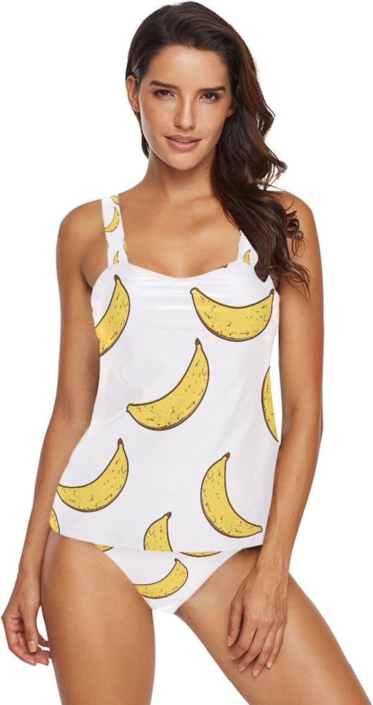 Banana 2 Piece Women Tankini Swimsuit Tummy Control Sport Bathing Suit with Bikini Bottom