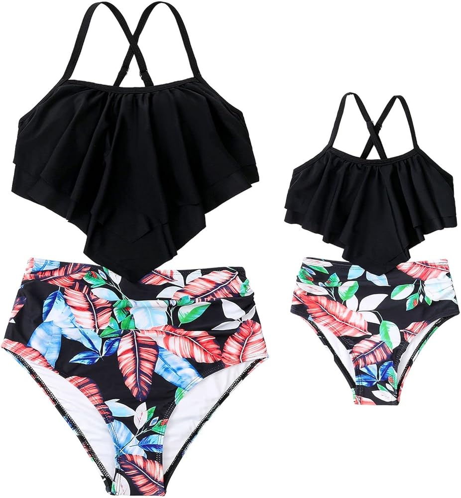 Swimwear Matching Family Swimsuits Ruffle&Leaves Print Bikini Top Bathing Suits High Waisted Bottom Tankini Set