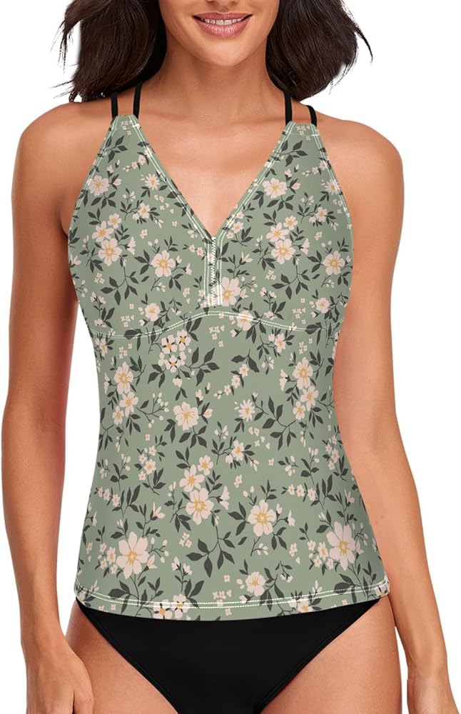 Trendy Floral Green Womens Tankini Tops Only V Neck Tankini Bathing Suits Tops Cross Back Summer Tops No Bottom