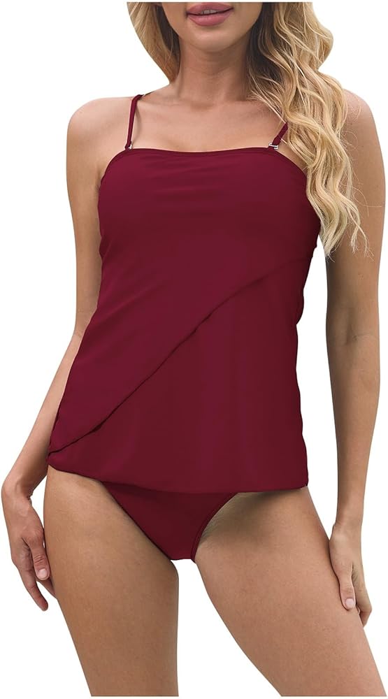 Bandeau Tankini Swimsuits for Women Flyaway Tummy Control Two Piece Swimsuit Strapless Top Swimwear with Bikini Bottom