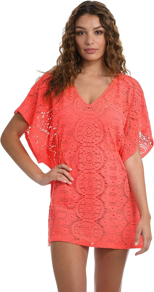 Sunshine 79 Women's Short Sleeve Tunic Cover Up Dress, Watermelon//Chillin' Crochet, S/M