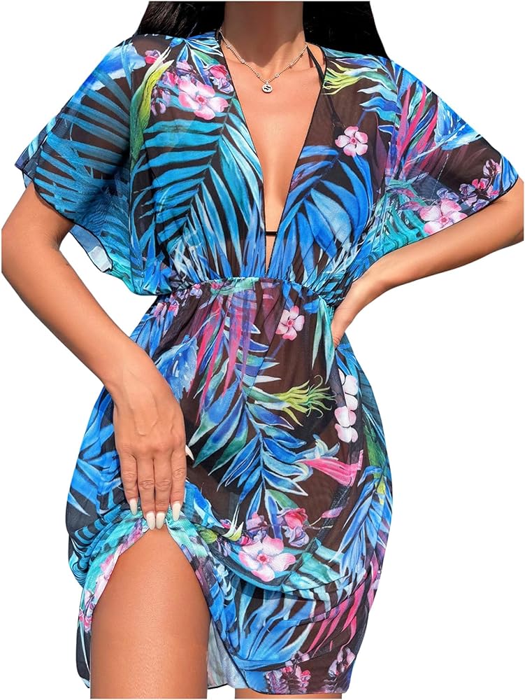 MakeMeChic Women's Tropical Swimsuit Cover Up Deep V Neck Short Sleeve Elastic Waist Beach Dress