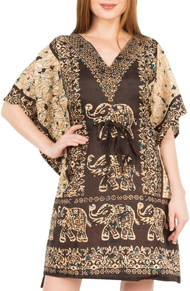 Short Kaftan Beach Cover ups Dresses for Women Ladies Dashiki African Caftan Loungewear Free Size (Eskaf-brown)