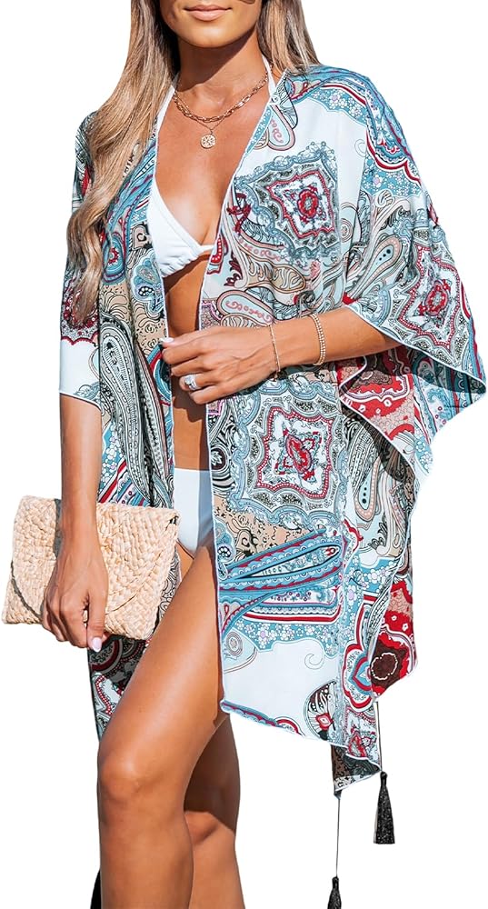 CUPSHE Women Kimono Swimsuit Cover Up 2024 Boho Print Loose Resort Cardigan Dolman Sleeve Beach Top