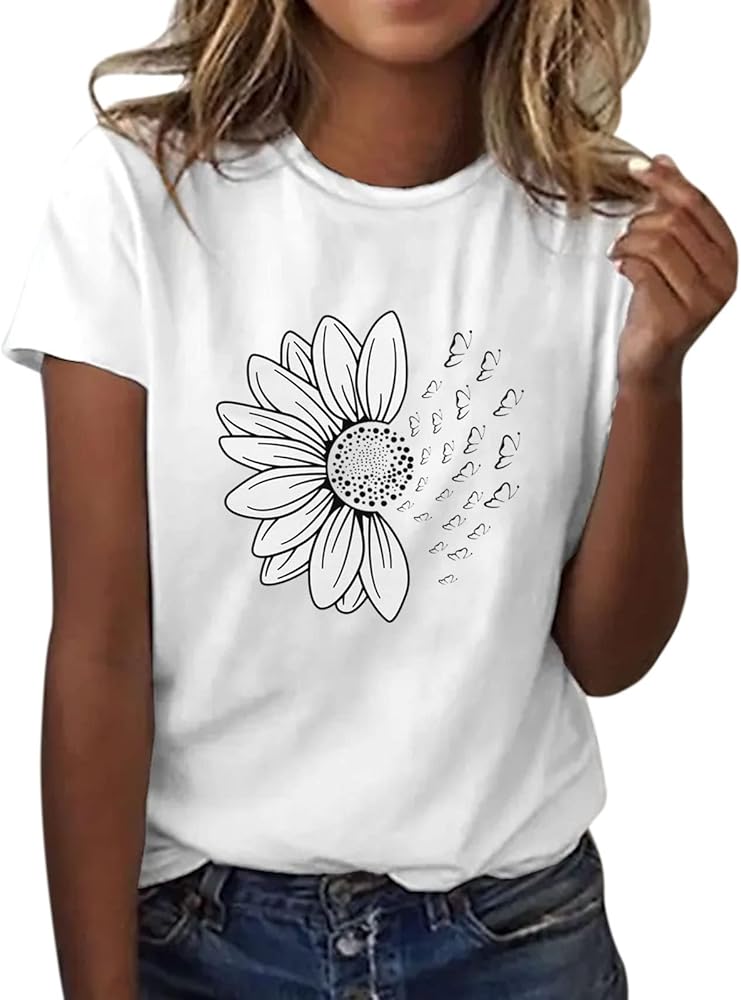 Women's Floral Print Round Neck T Shirt | Casual Short Sleeve Tee | Comfortable & Fitted V Neck Long Sleeve Shirt