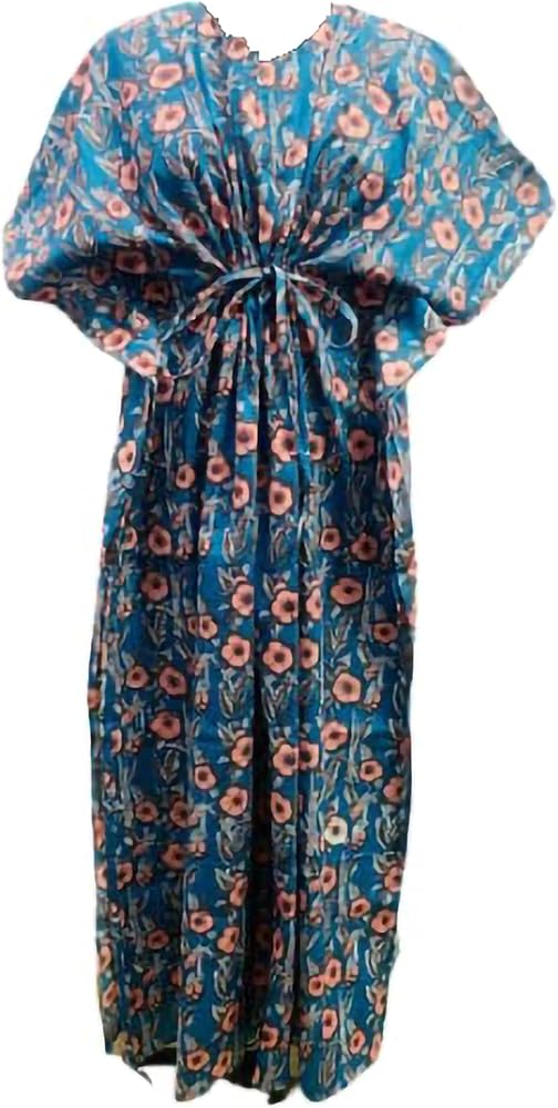 Kaftan for Women's and Girl's, Black Floral Kaftan, Long Caftan, for to be Moms, Beach Coverup, Sleepwear, Indian Kaftan, Best Gift for Her, Maxi Dress by Handmade Kantha HUB Blue Flower