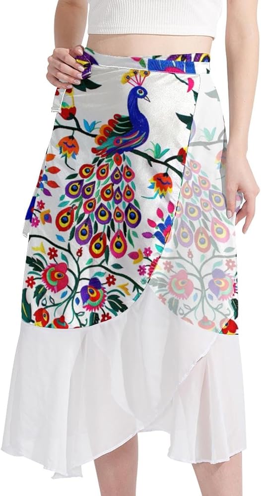 Cover Up Skirt, Women's Sarongs Beach Wrap, Semi-Sheer Swimwear Cover Ups, Retro Art Mexican Peacock Flowers