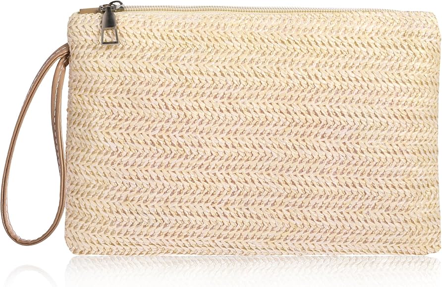 Molain Bolso de mano de paja para mujer, estilo bohemio, de verano, para playa, tejido de mar, con cremallera, bolso de mano de paja para mujeres y niñas, beige, 24x16.5x2.4cm