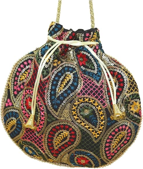 Elevanty | Bombonera Hindú - Potli con cordón - Bolso de mano elegante, casual y fiesta - Bolsa con lentejuelas y abalorios - Saco para mujer