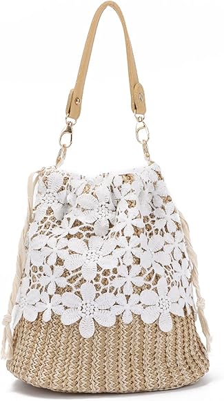 LHHMZ Mujeres Bolsa de Playa de Verano Bolso de Paja Flor de Encaje Bolsa de Hombro Satchel Bolsa de Viaje