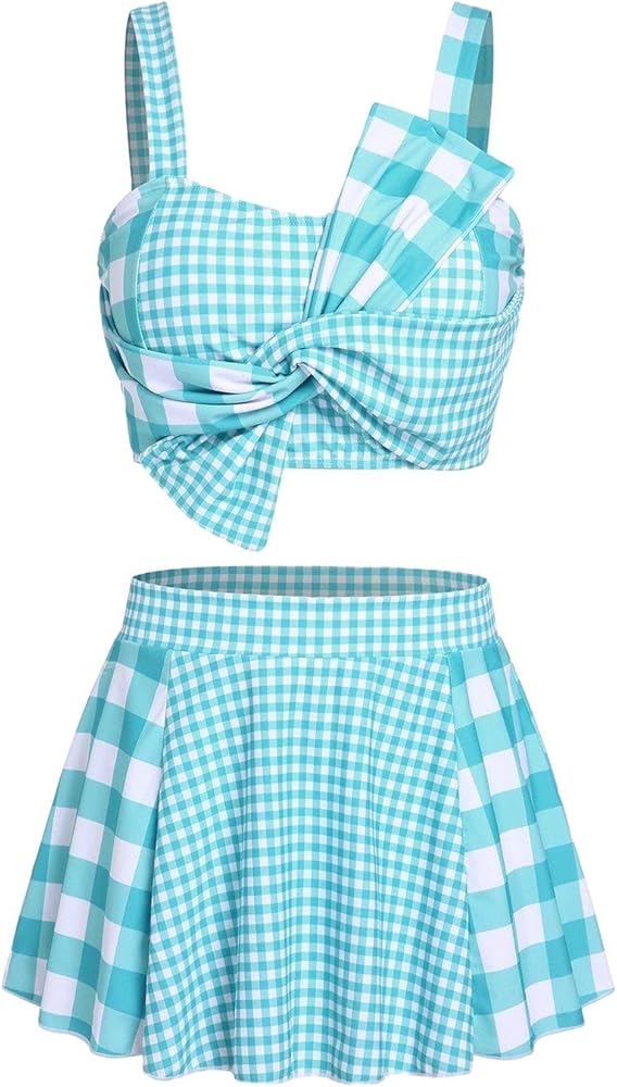 Rosegal Plus Size Women 3 Piece Tankini Swimsuit Plaid Twist Knot Bathing Suit High Waisted Swimwear with Beach Skirt