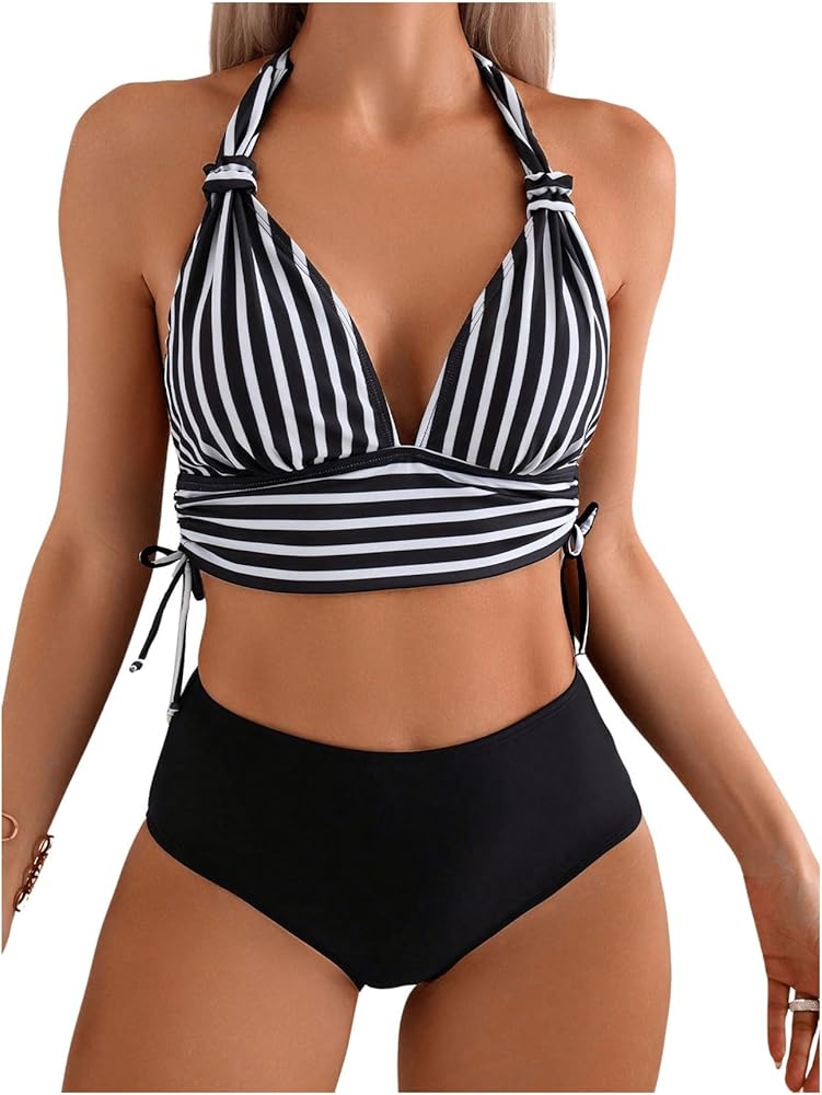 Milumia Women's 2 Piece Swimsuits Striped Tie Knot Halter Top Tankini Bathing Suit