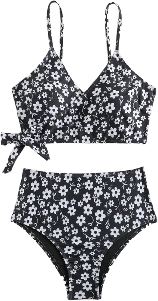 MakeMeChic Women's Two Piece Ditsy Floral Tankini Swimsuits Wrap Tie Side High Waisted Bathing Suit