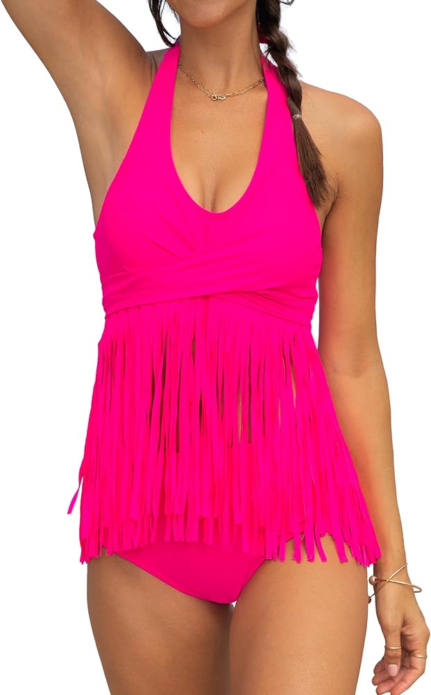 Beachsissi Women's Cute Halter Neck Tankini Swimsuit Tassel Halter Neck Solid Color HotPink Bathing Suits