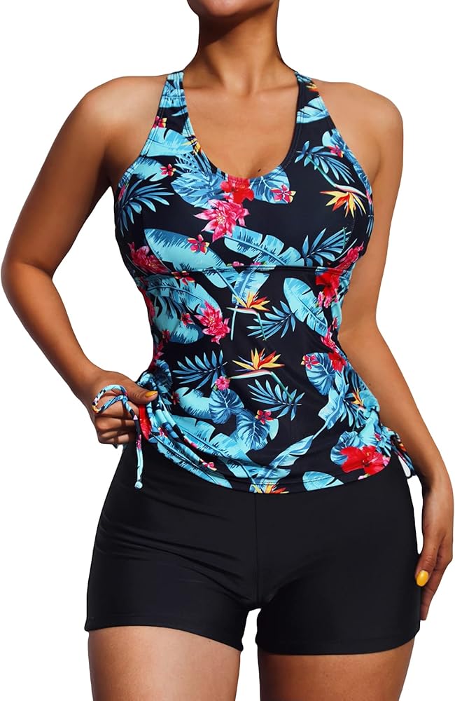 MakeMeChic Women's 2 Piece Bathing Suits Tropical Print Drawstring Tankini Top with Boyshorts Swimsuit Set