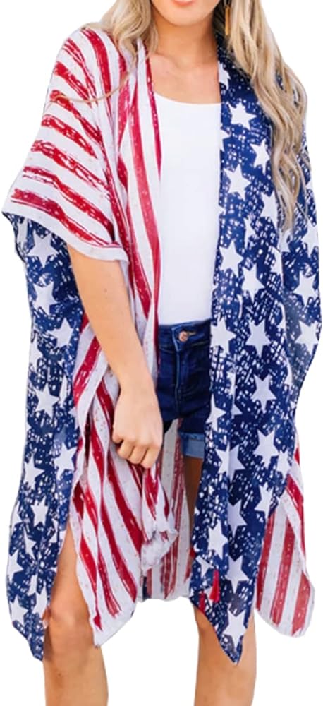 Women's American Flag Kimono Cardigan 4th of July Cover Up Lightweight Patriotic Kimono Cover Up